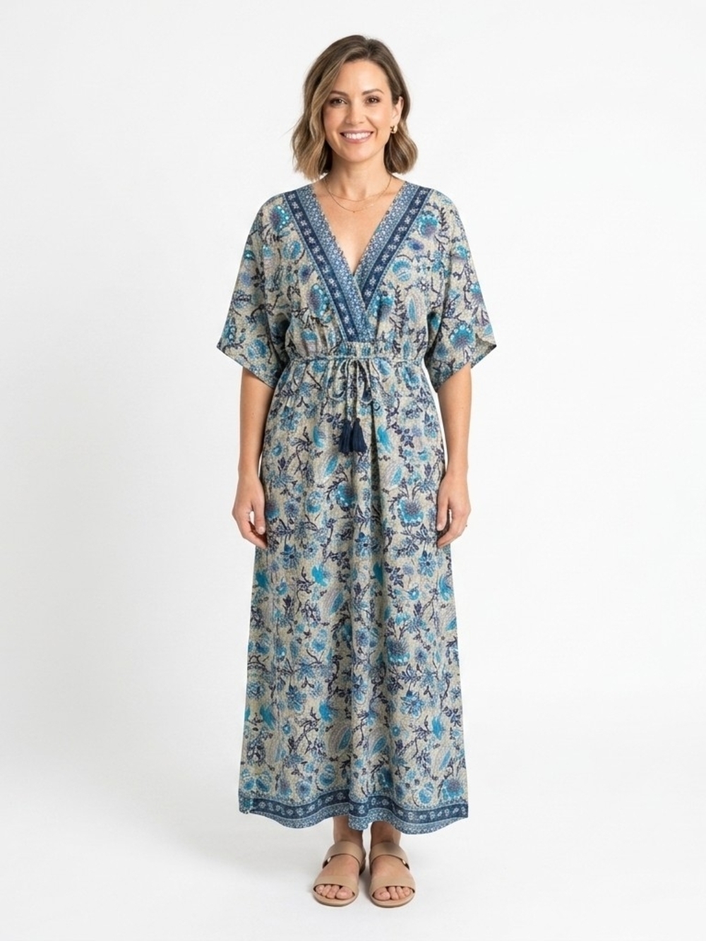 Chaudry Boho Blue Floral Paisley Maxi Dress Size Medium Kimono Sleeve
